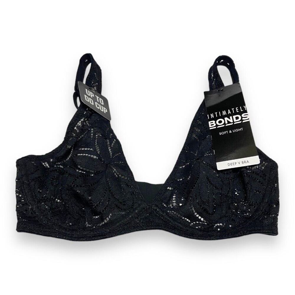 Bonds Intimately Womens Bra 32C Lace Deep V Bra Sheer Underwire Black NEW